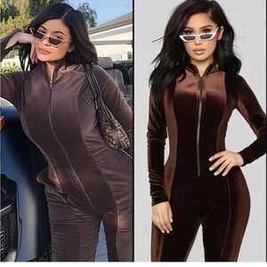 Fashion Nova Brown Velvet Jumpsuit with Sporty Details
